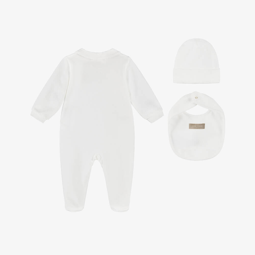 Elie Saab-Ivory Cotton Babygrow Gift Set with Embroidered Gold Logos | Childrensalon
