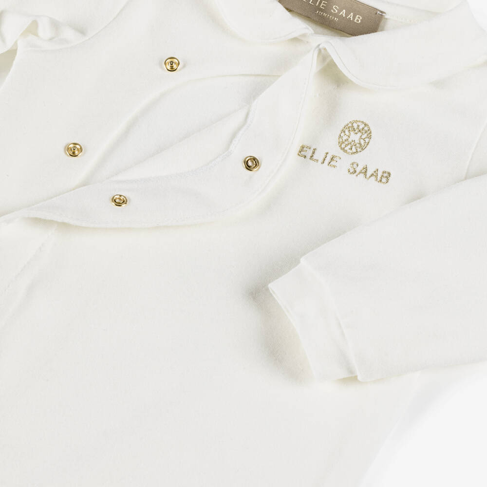 Elie Saab-Ivory Cotton Babygrow Gift Set with Embroidered Gold Logos | Childrensalon