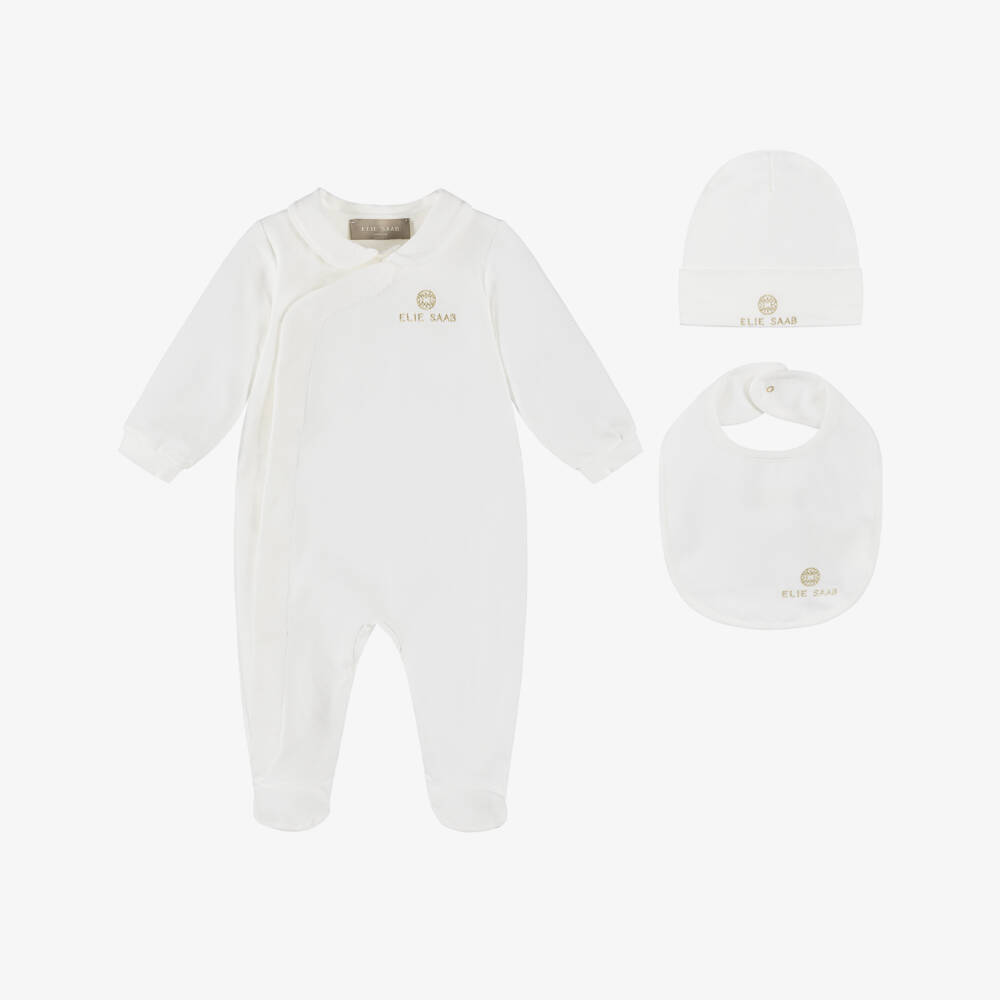 Elie Saab-Ivory Cotton Babygrow Gift Set with Embroidered Gold Logos | Childrensalon