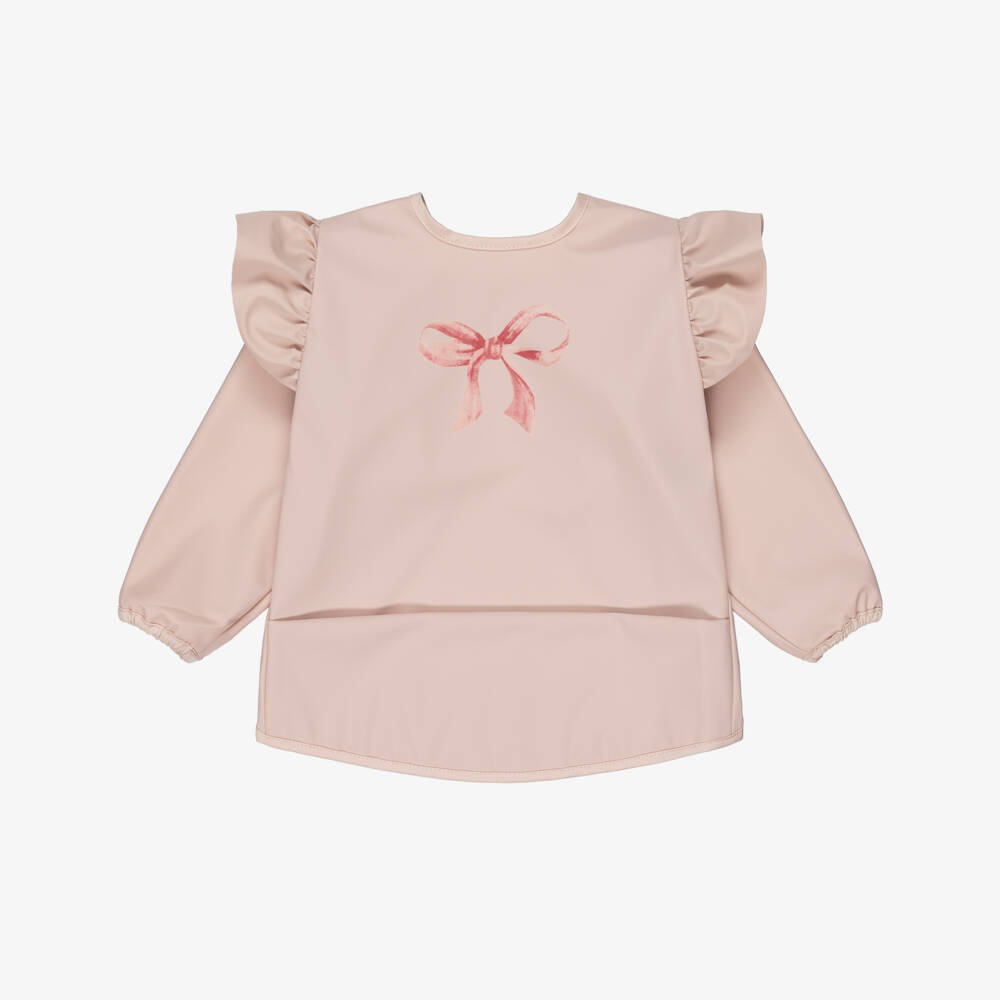Elodie-Baby Girls Pink Apron Bib with Bow Print | Childrensalon