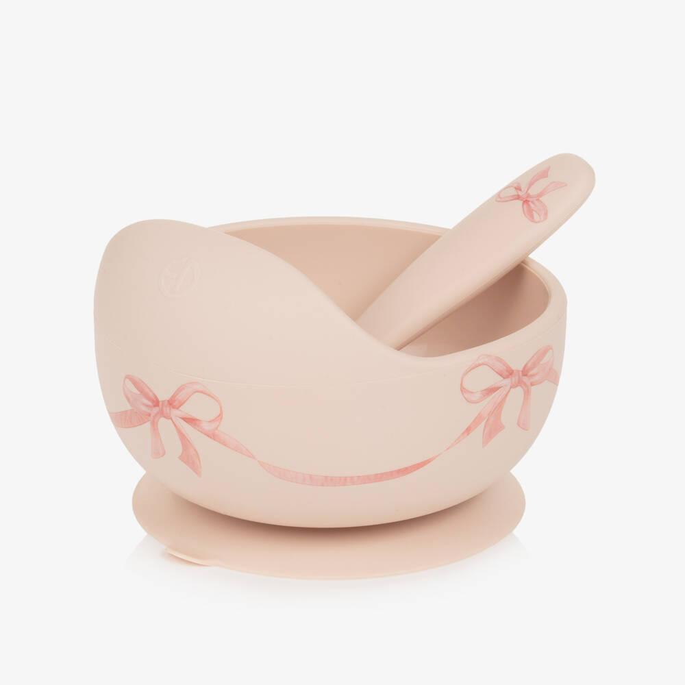 Elodie-Baby Girls Pink Bow Print Feeding Bowl & Spoon Set | Childrensalon