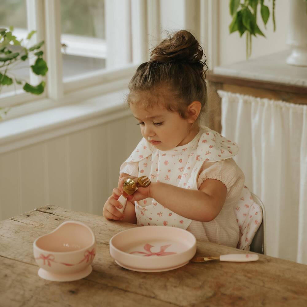 Elodie-Baby Girls Pink Bow Print Feeding Bowl & Spoon Set | Childrensalon
