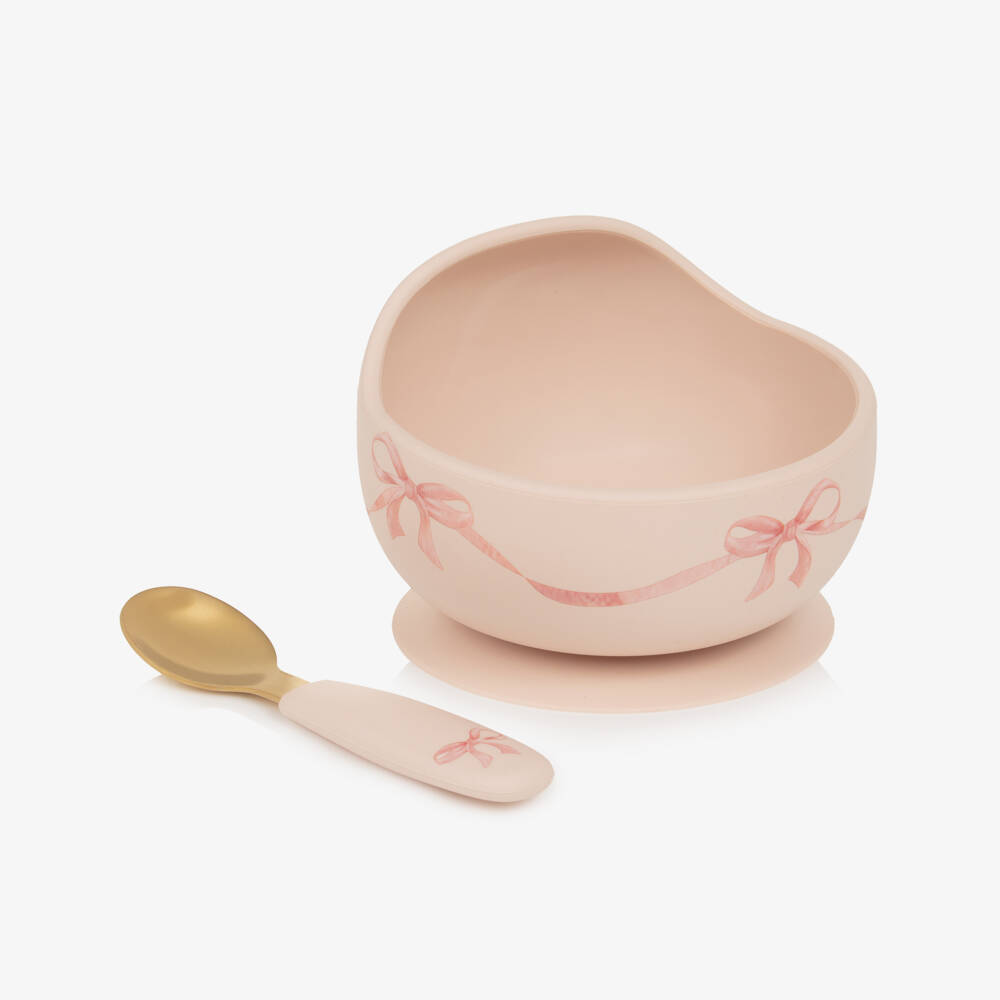 Elodie-Baby Girls Pink Bow Print Feeding Bowl & Spoon Set | Childrensalon