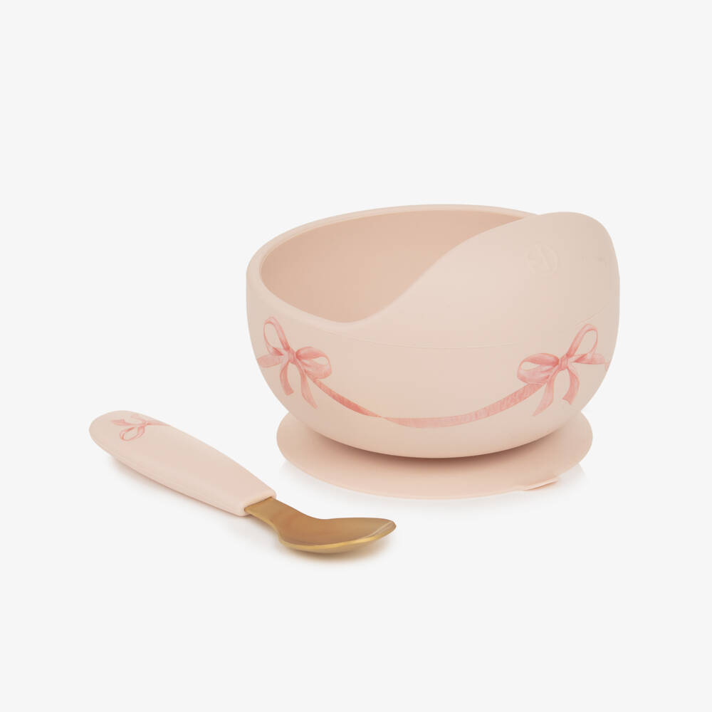 Elodie-Baby Girls Pink Bow Print Feeding Bowl & Spoon Set | Childrensalon