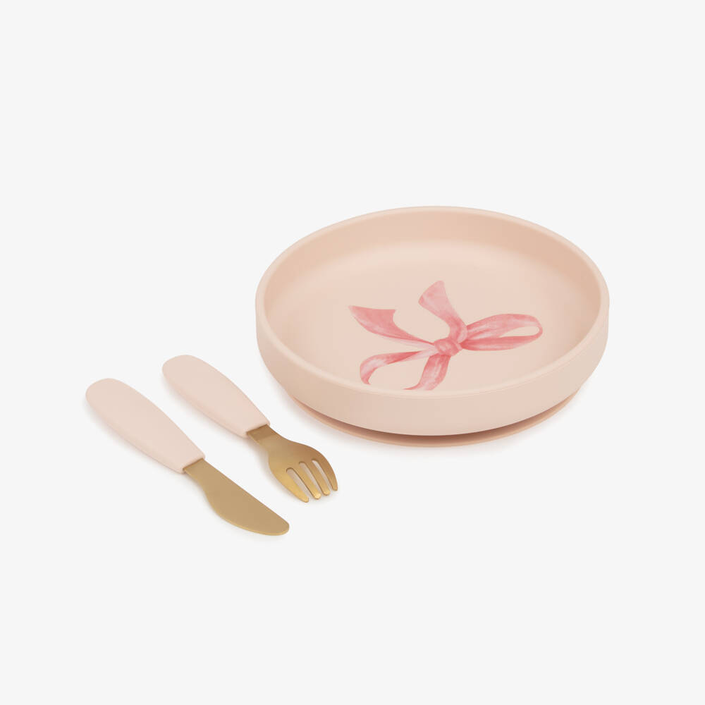 Elodie-Baby Girls Pink Plate & Cutlery Set with Bow Print | Childrensalon