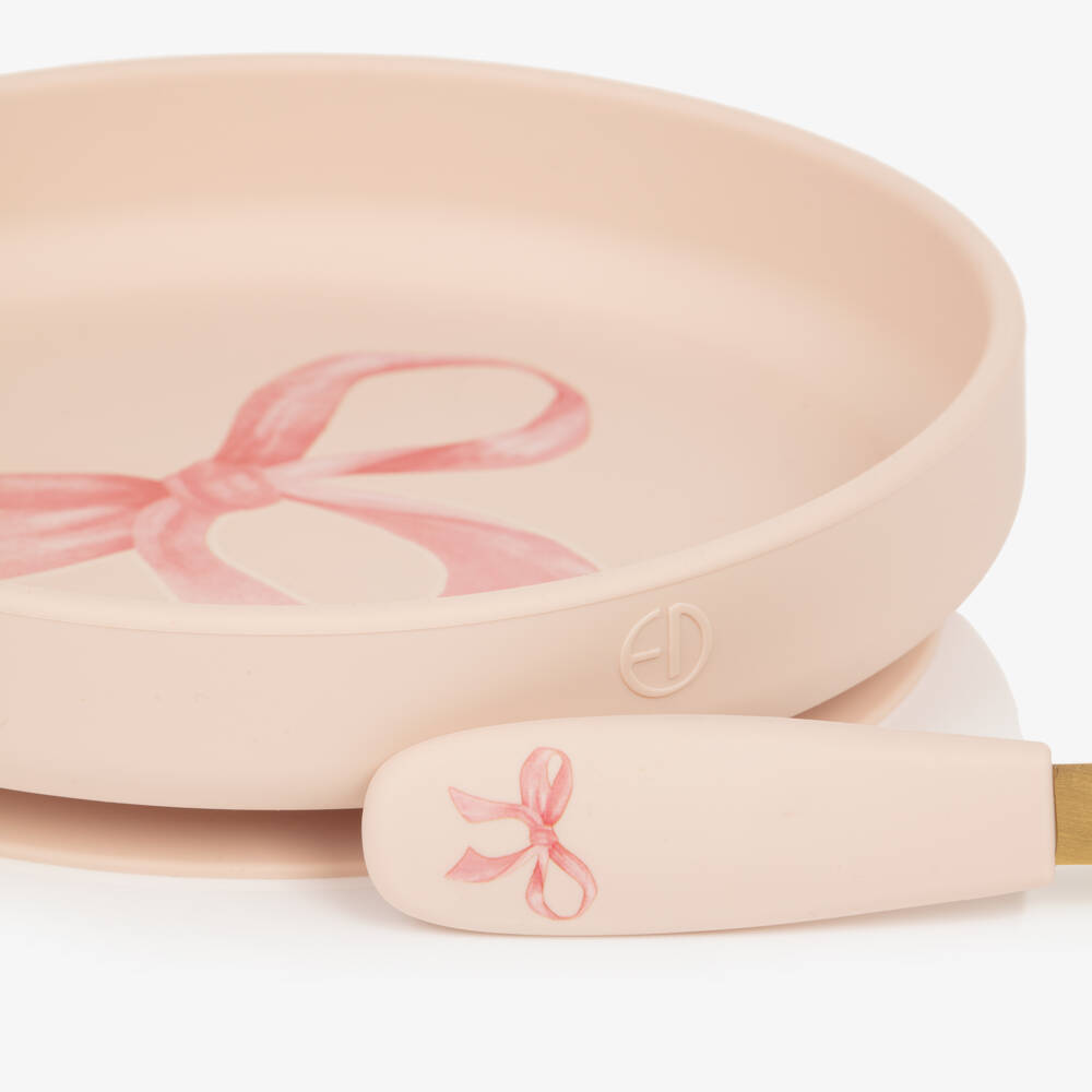 Elodie-Baby Girls Pink Plate & Cutlery Set with Bow Print | Childrensalon