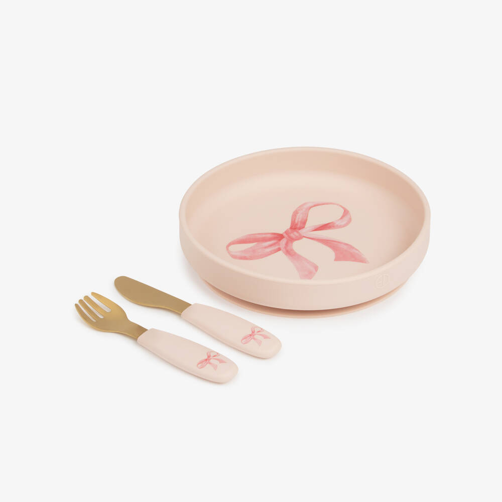Elodie-Baby Girls Pink Plate & Cutlery Set with Bow Print | Childrensalon
