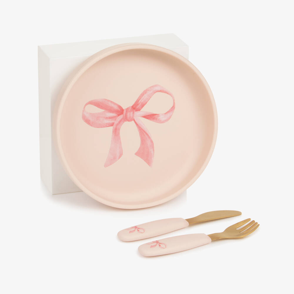 Elodie-Baby Girls Pink Plate & Cutlery Set with Bow Print | Childrensalon