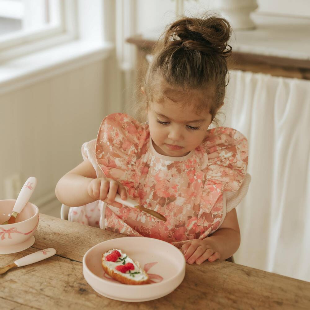 Elodie-Baby Girls Pink Plate & Cutlery Set with Bow Print | Childrensalon
