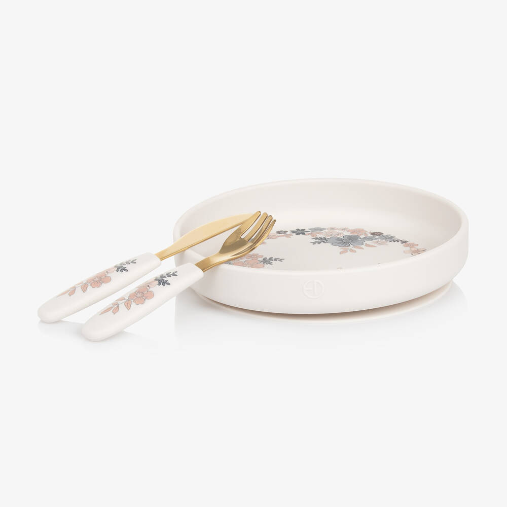 Elodie-طقم أدوات مائدة سيليكون لون عاجي للبنات | Childrensalon