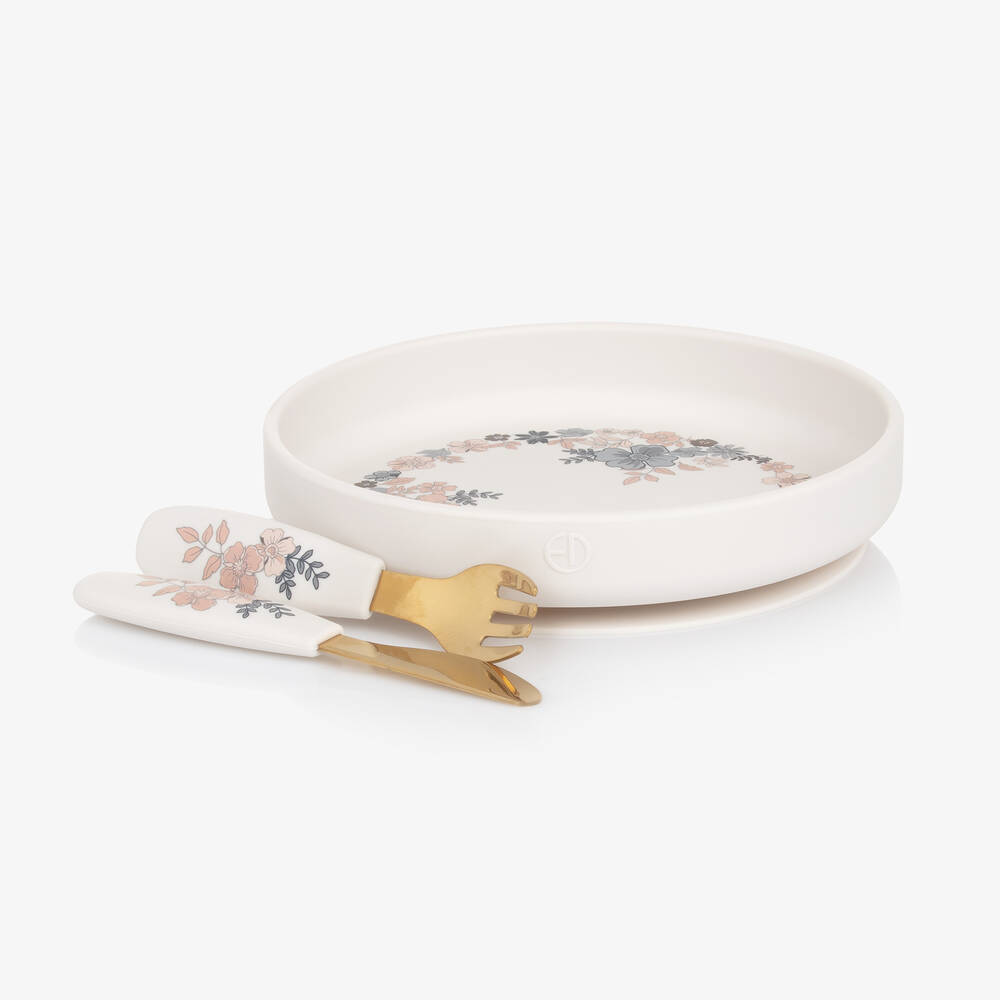 Elodie-طقم أدوات مائدة سيليكون لون عاجي للبنات | Childrensalon