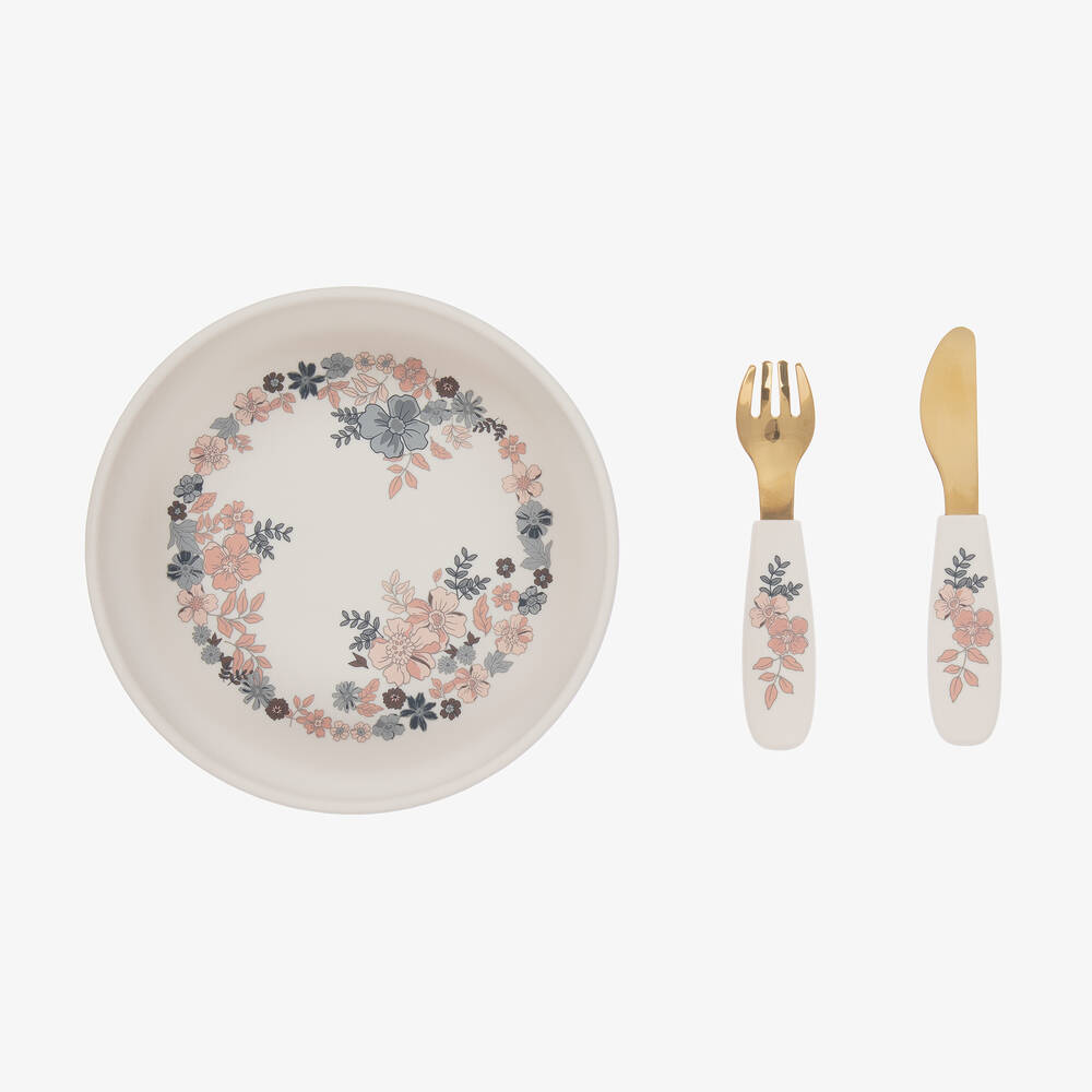 Elodie-طقم أدوات مائدة سيليكون لون عاجي للبنات | Childrensalon