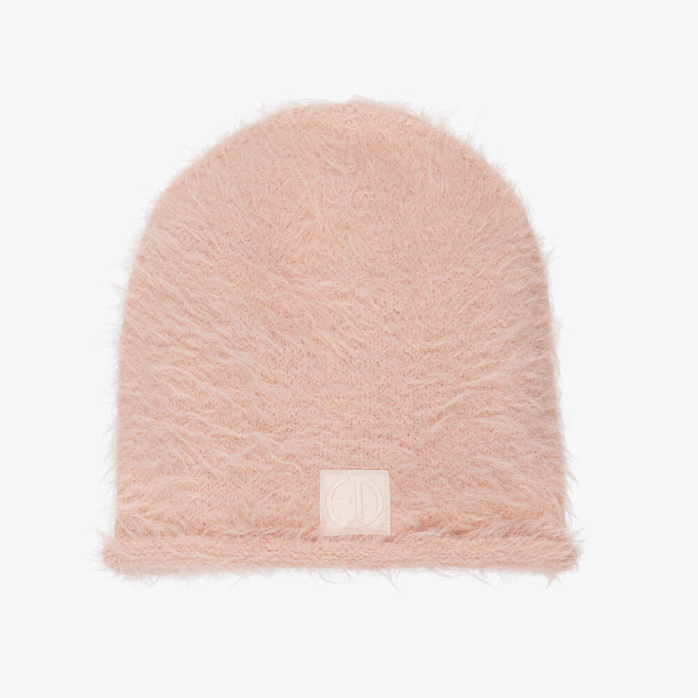 Elodie-Girls Pink Furry Knit Beanie | Childrensalon