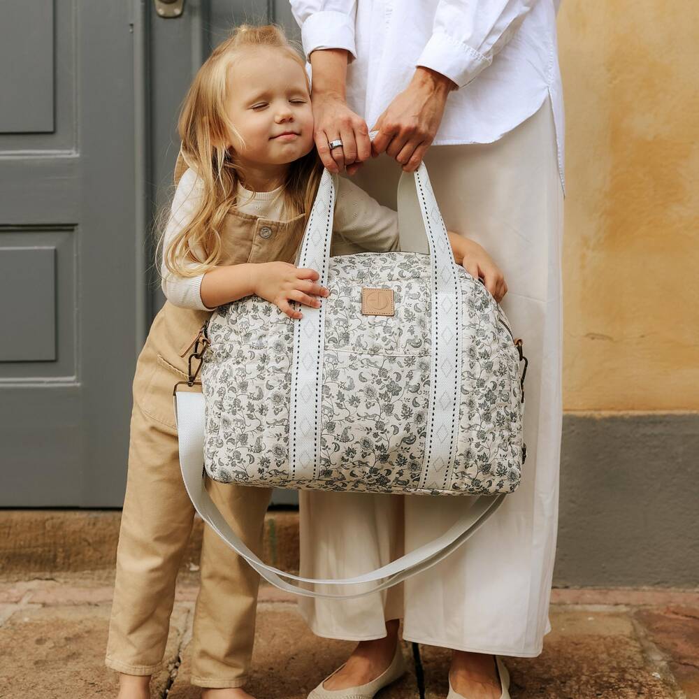 Elodie-Ivory & Blue Cotton Leo Toile de Jouy Changing Bag (43cm) | Childrensalon