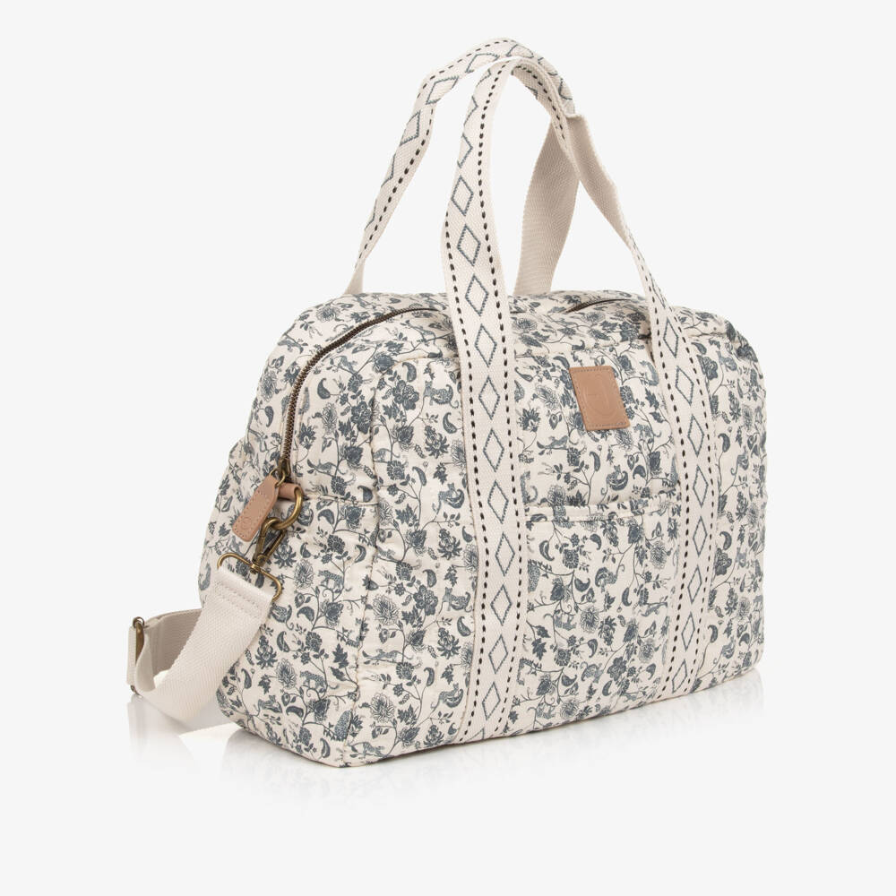 Elodie-Ivory & Blue Cotton Leo Toile de Jouy Changing Bag (43cm) | Childrensalon