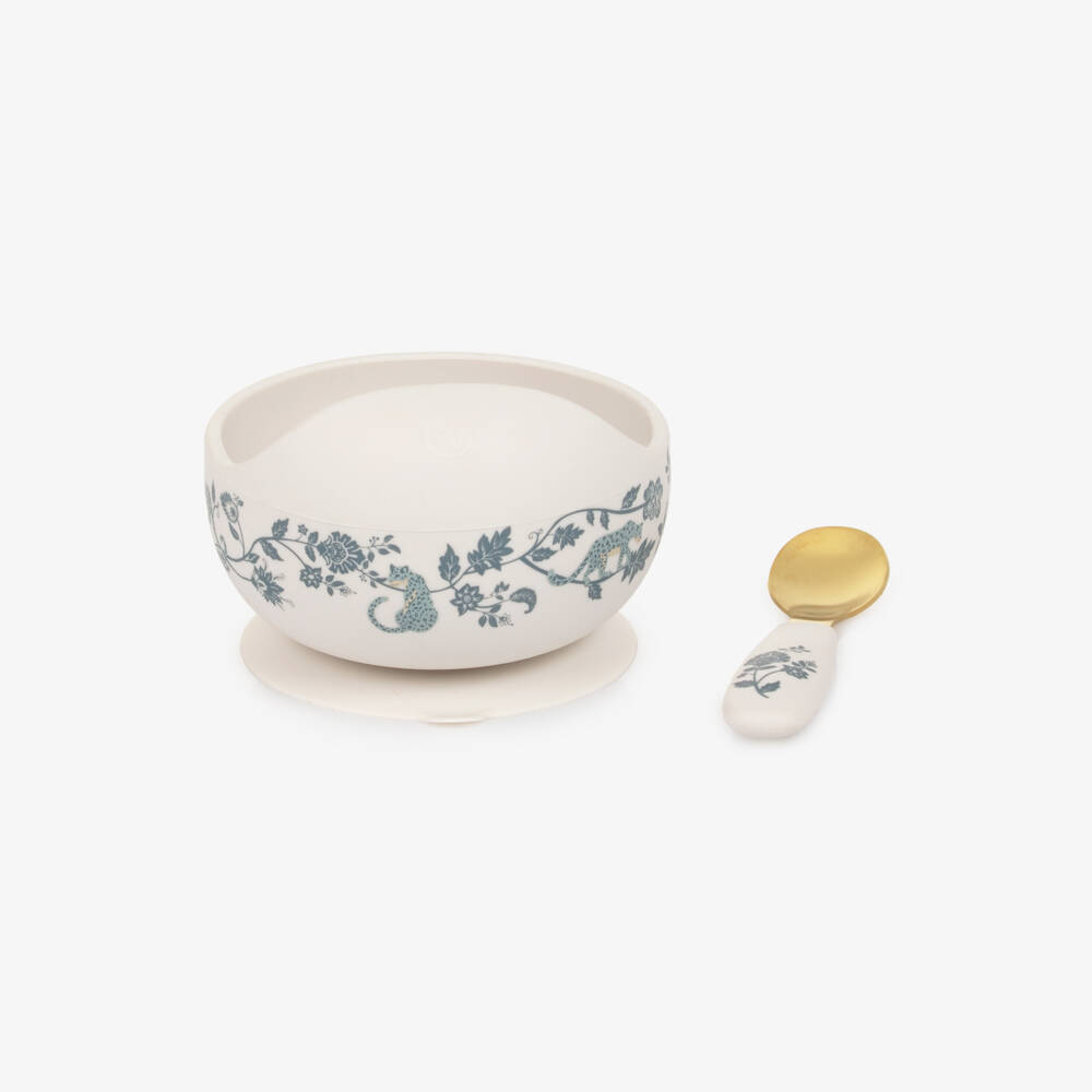 Elodie-Ivory & Blue Leopard Print Feeding Bowl & Spoon Set | Childrensalon