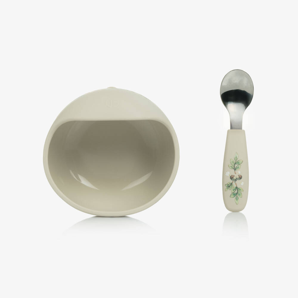 Elodie-Ivory & Green Forest Print Feeding Bowl & Spoon Set | Childrensalon