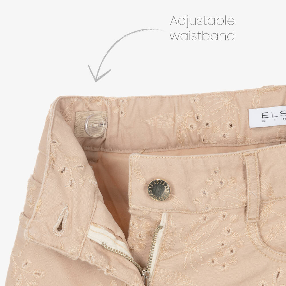 Elsy-Girls Beige Cotton Shorts with Floral Embroidery | Childrensalon