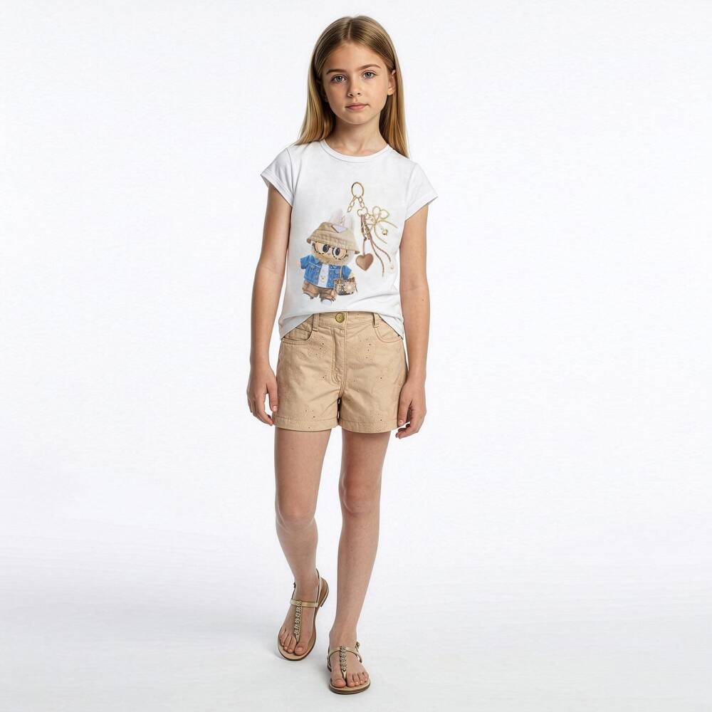 Elsy-Шорты бежевые хлопковые с цветочной вышивкой для девочек | Childrensalon