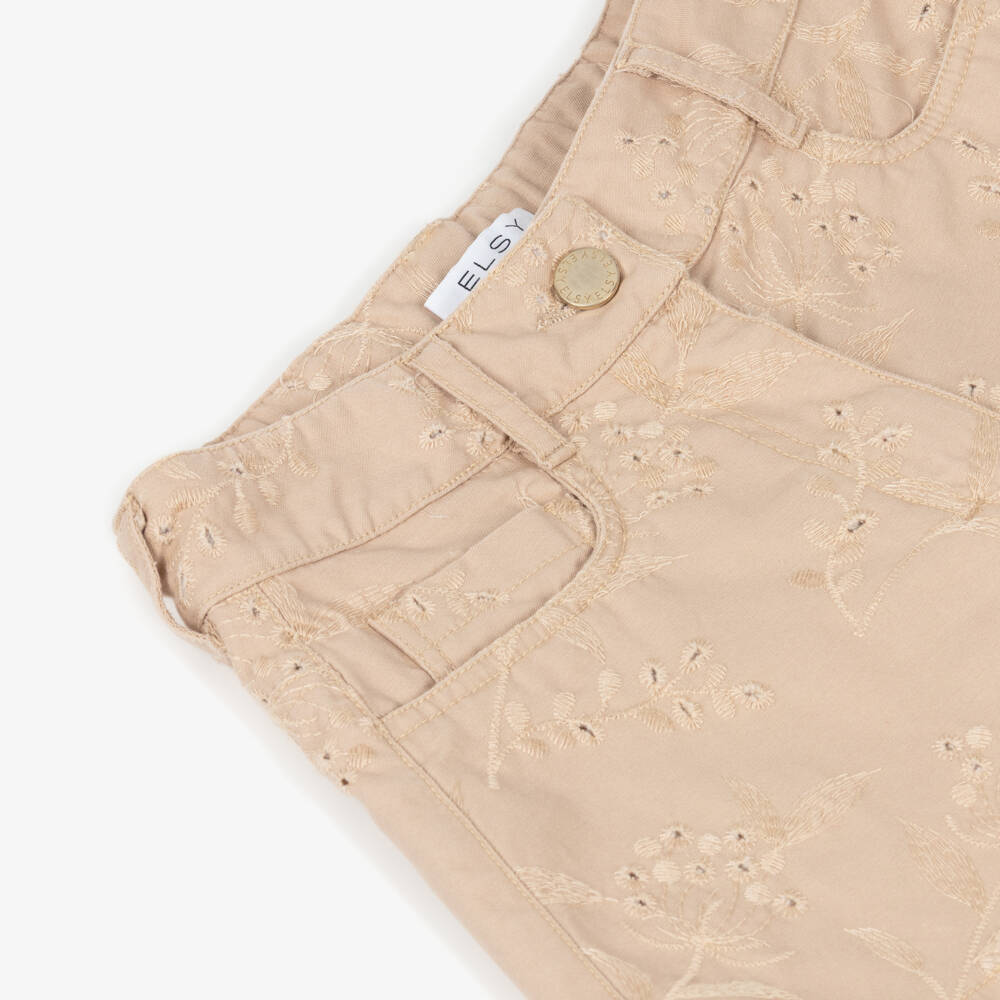 Elsy-Girls Beige Cotton Shorts with Floral Embroidery | Childrensalon