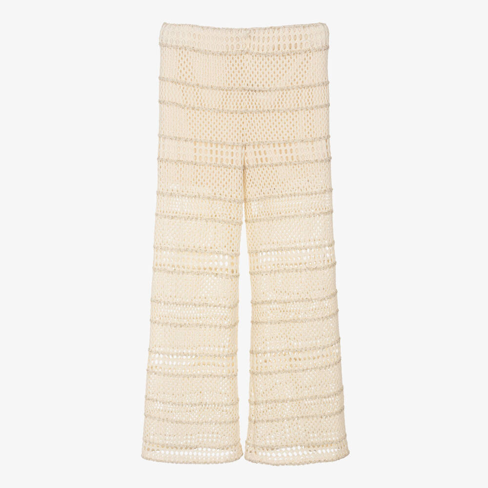Elsy-Girls Beige & Gold Crochet Trousers | Childrensalon