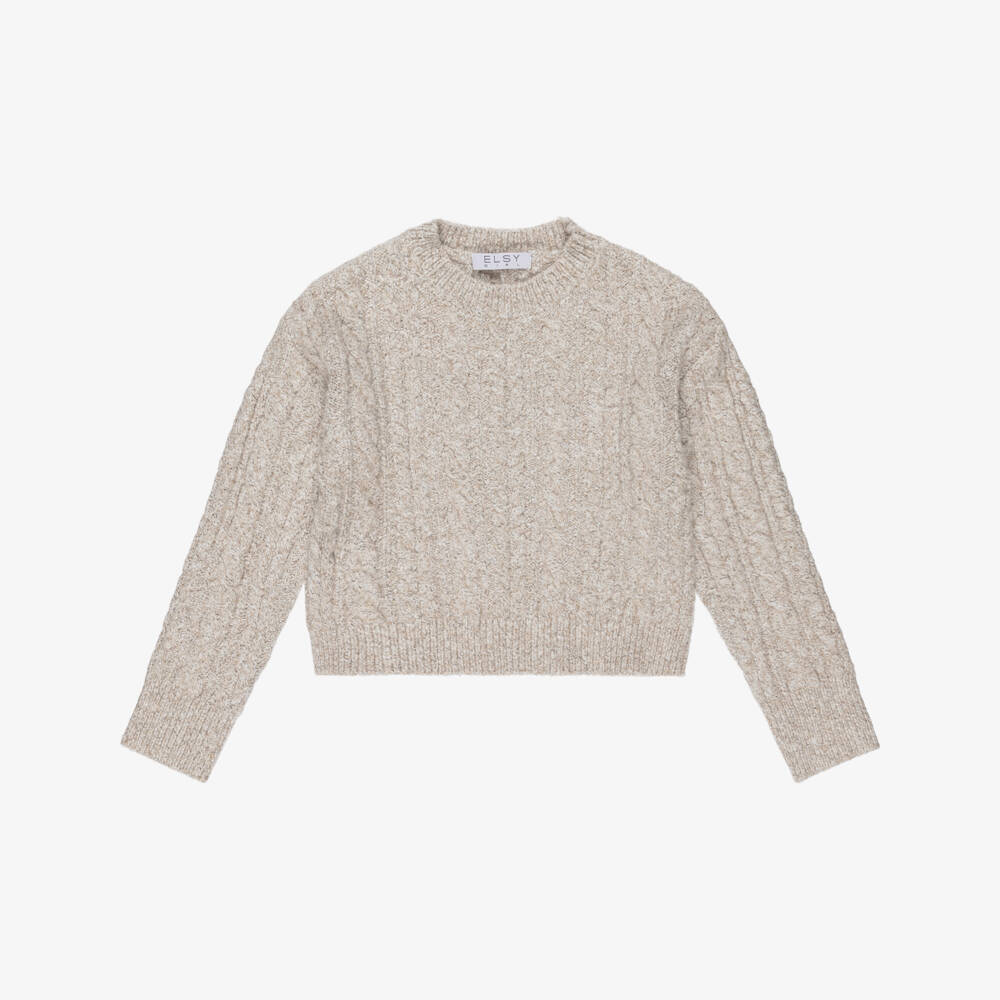Elsy-Girls Beige Marl Cable Knit Sweater | Childrensalon