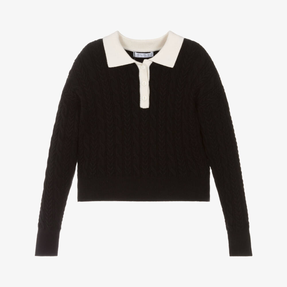 Elsy-Girls Black & Ivory Cable Knit Polo Jumper | Childrensalon