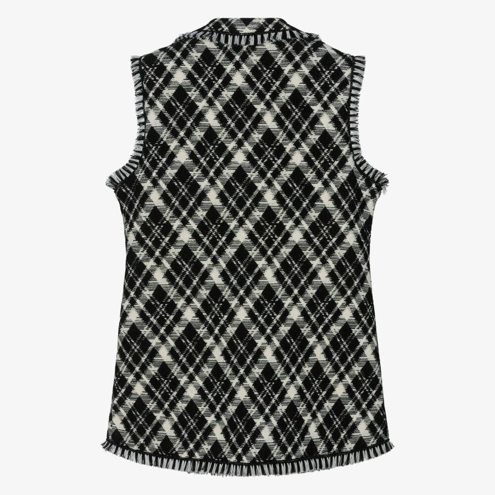 Elsy-Girls Black & Ivory Woven Check Sleeveless Blazer | Childrensalon