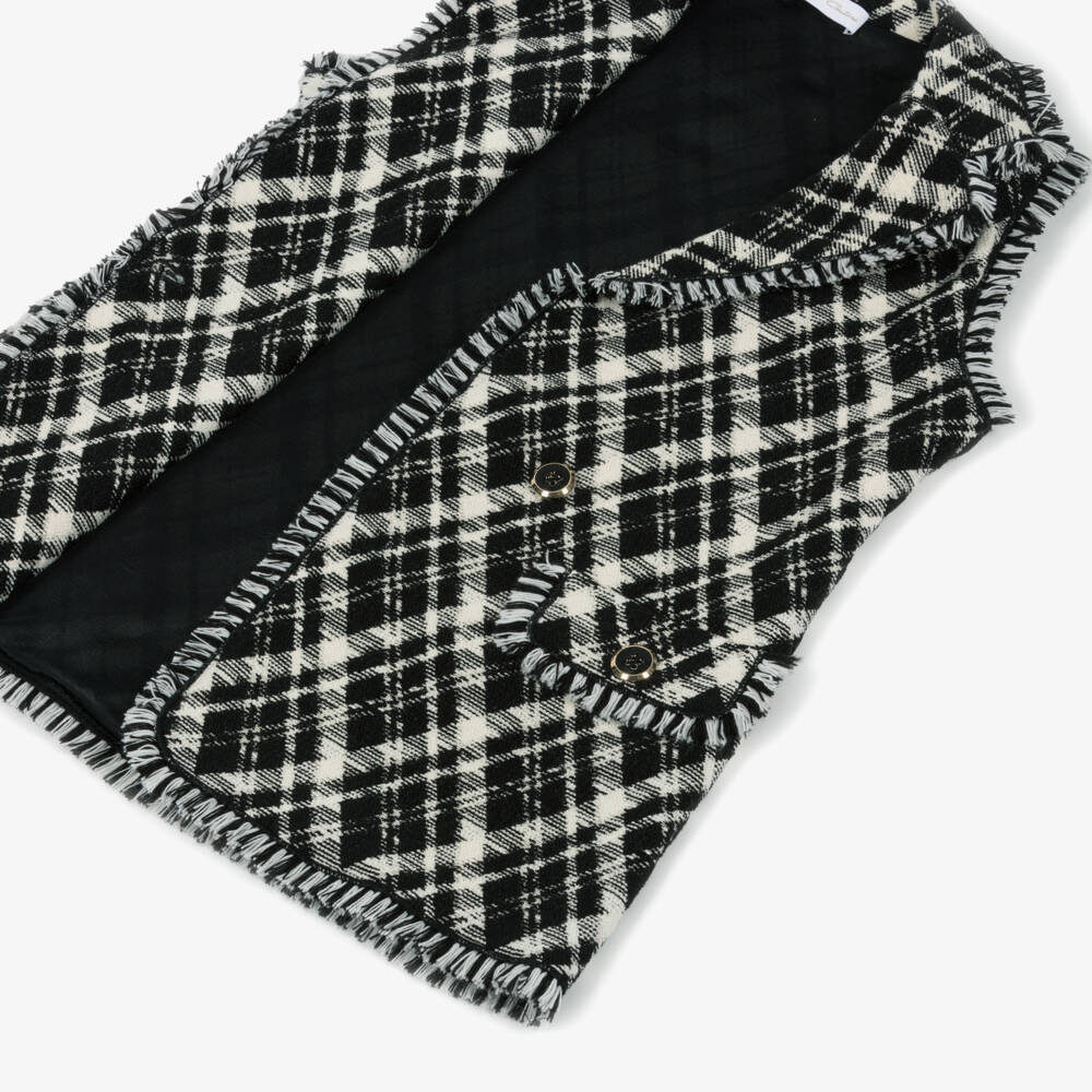 Elsy-Girls Black & Ivory Woven Check Sleeveless Blazer | Childrensalon