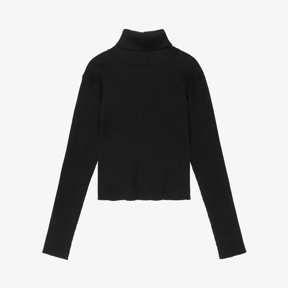 Elsy-Girls Black Ribbed Knit Roll Neck Top | Childrensalon