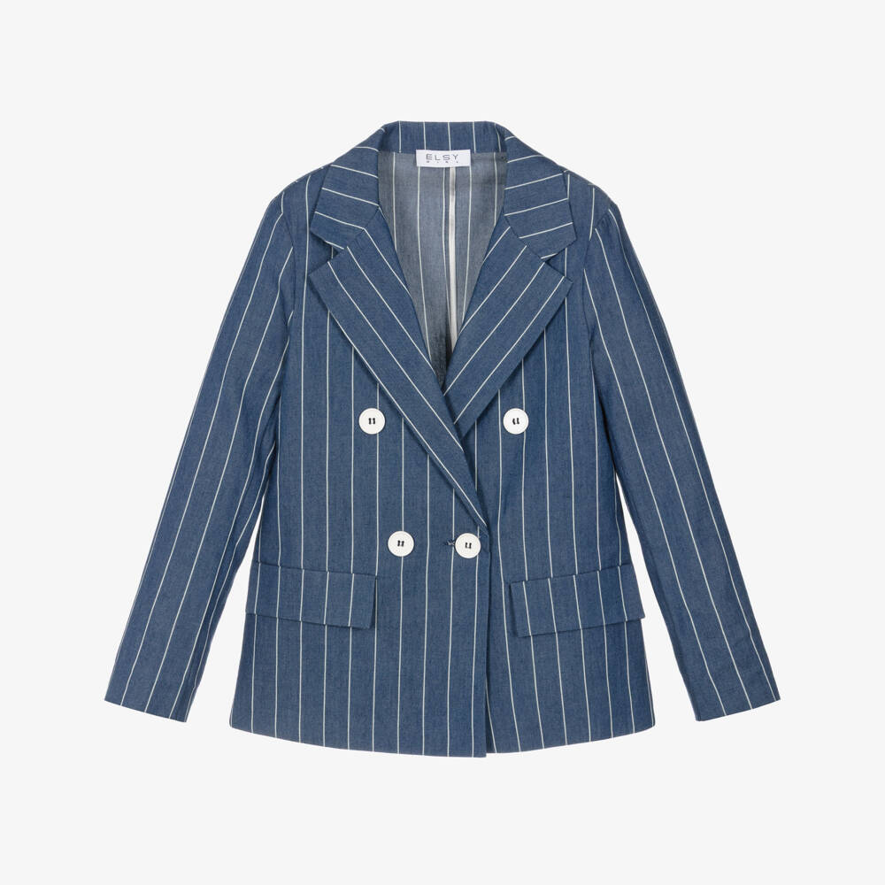 Elsy-Girls Blue & White Striped Cotton Chambray Blazer | Childrensalon