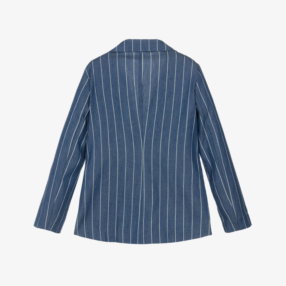 Elsy-Girls Blue & White Striped Cotton Chambray Blazer | Childrensalon
