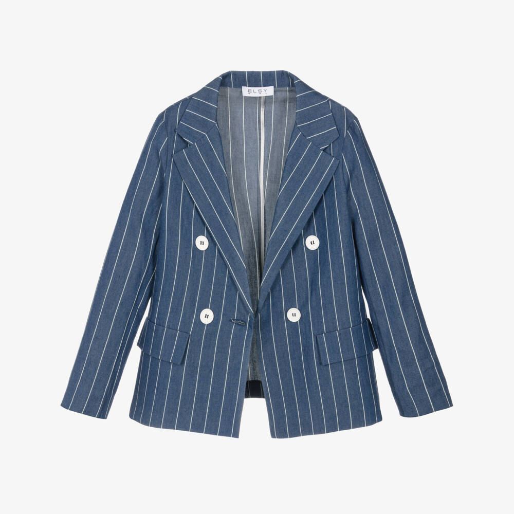 Elsy-Girls Blue & White Striped Cotton Chambray Blazer | Childrensalon