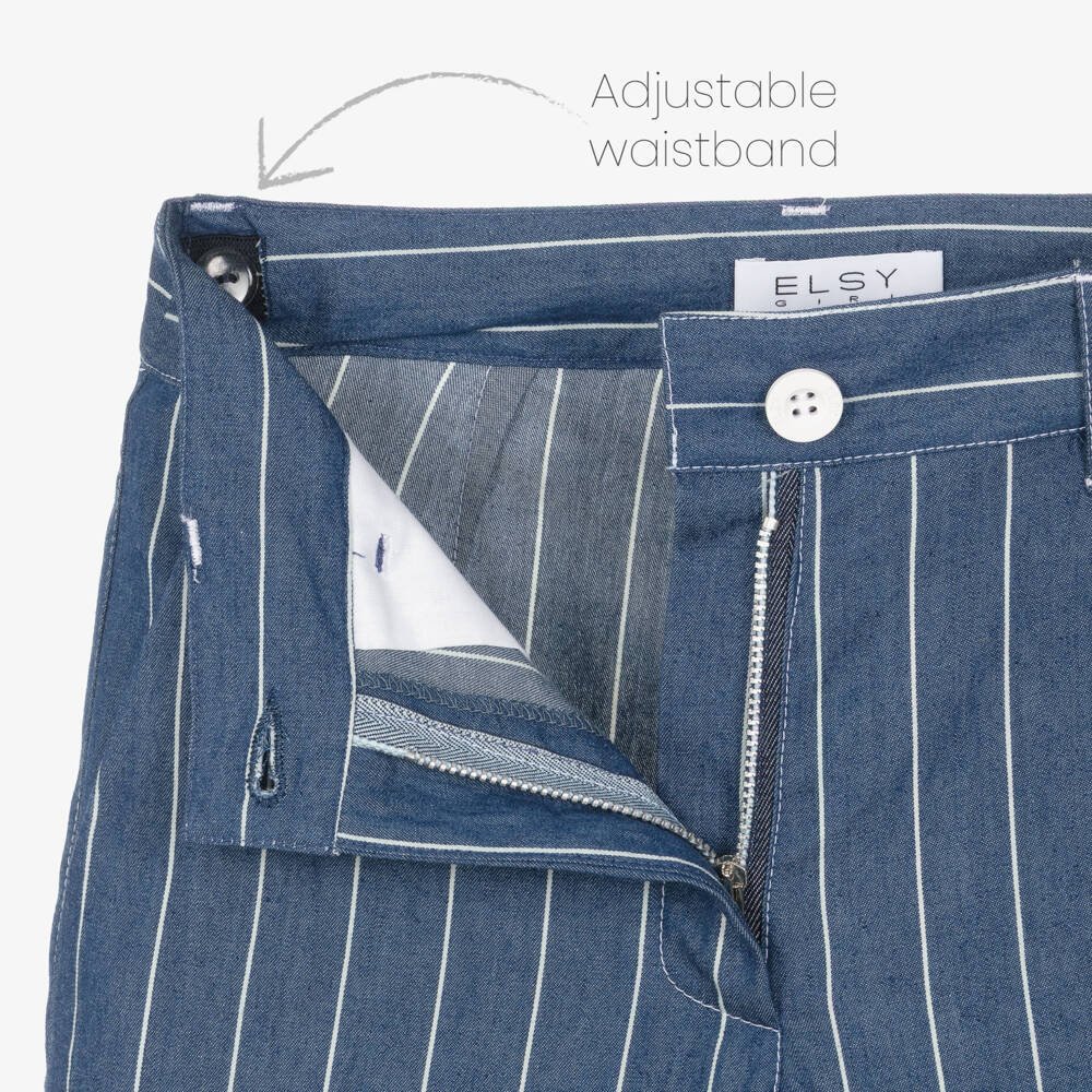 Elsy-Girls Blue & White Striped Cotton Chambray Trousers | Childrensalon