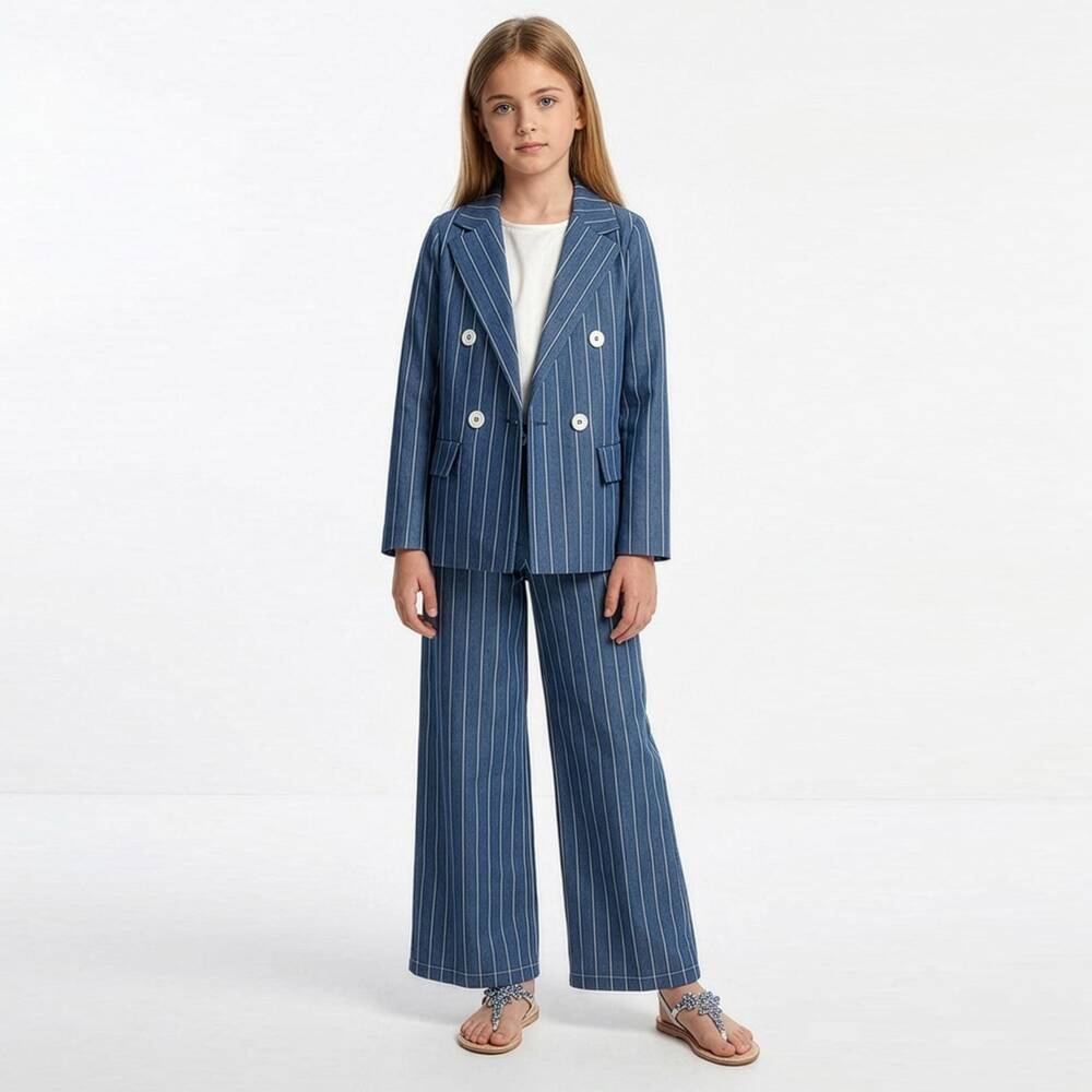 Elsy-Girls Blue & White Striped Cotton Chambray Trousers | Childrensalon