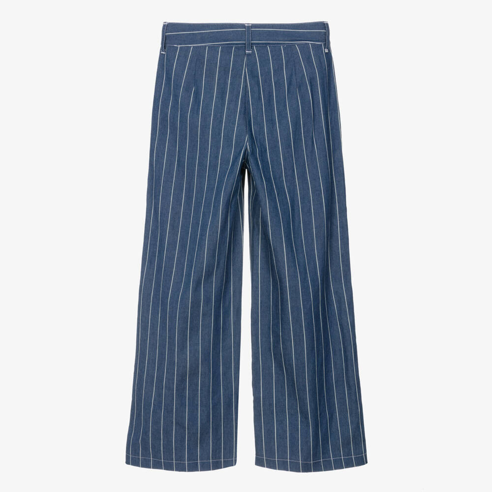 Elsy-Girls Blue & White Striped Cotton Chambray Trousers | Childrensalon