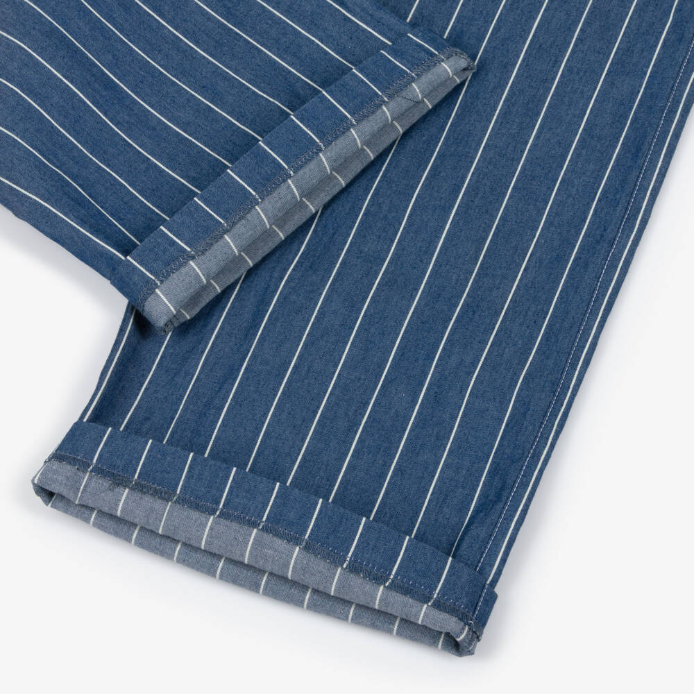 Elsy-Girls Blue & White Striped Cotton Chambray Trousers | Childrensalon