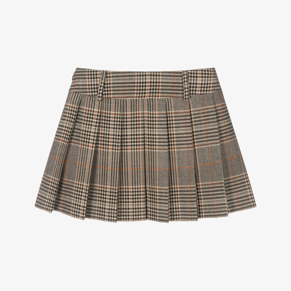 Elsy-Girls Brown Houndstooth Check Pleated Skirt | Childrensalon