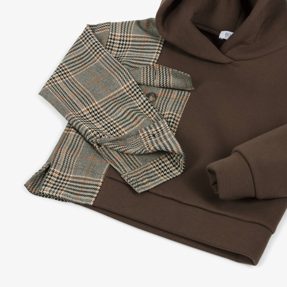 Elsy-Girls Brown Jersey & Contrast Check Hoodie | Childrensalon