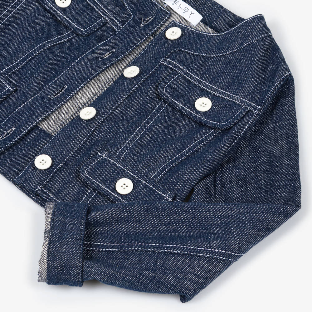 Elsy-Girls Dark Blue Denim Jacket with White Buttons | Childrensalon