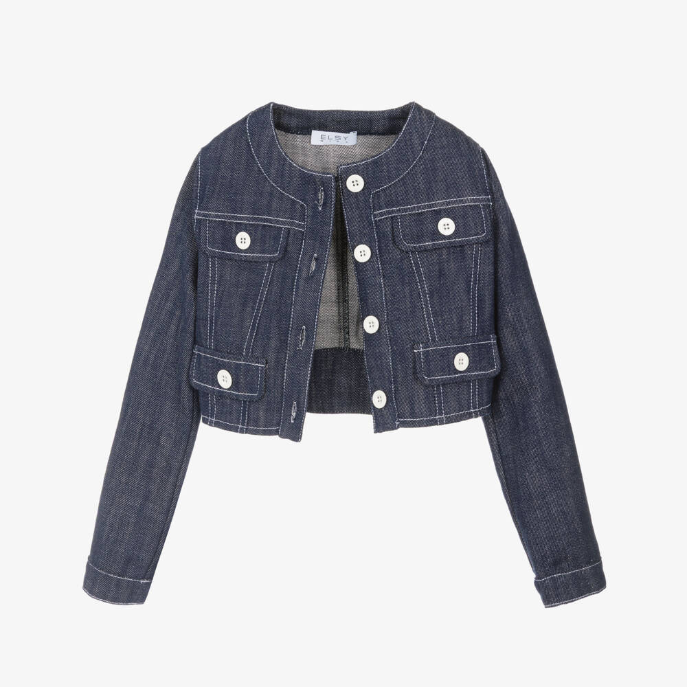 Elsy-Girls Dark Blue Denim Jacket with White Buttons | Childrensalon