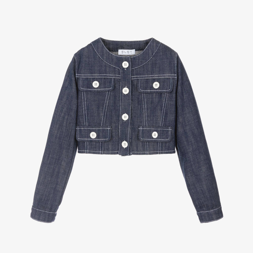 Elsy-Girls Dark Blue Denim Jacket with White Buttons | Childrensalon