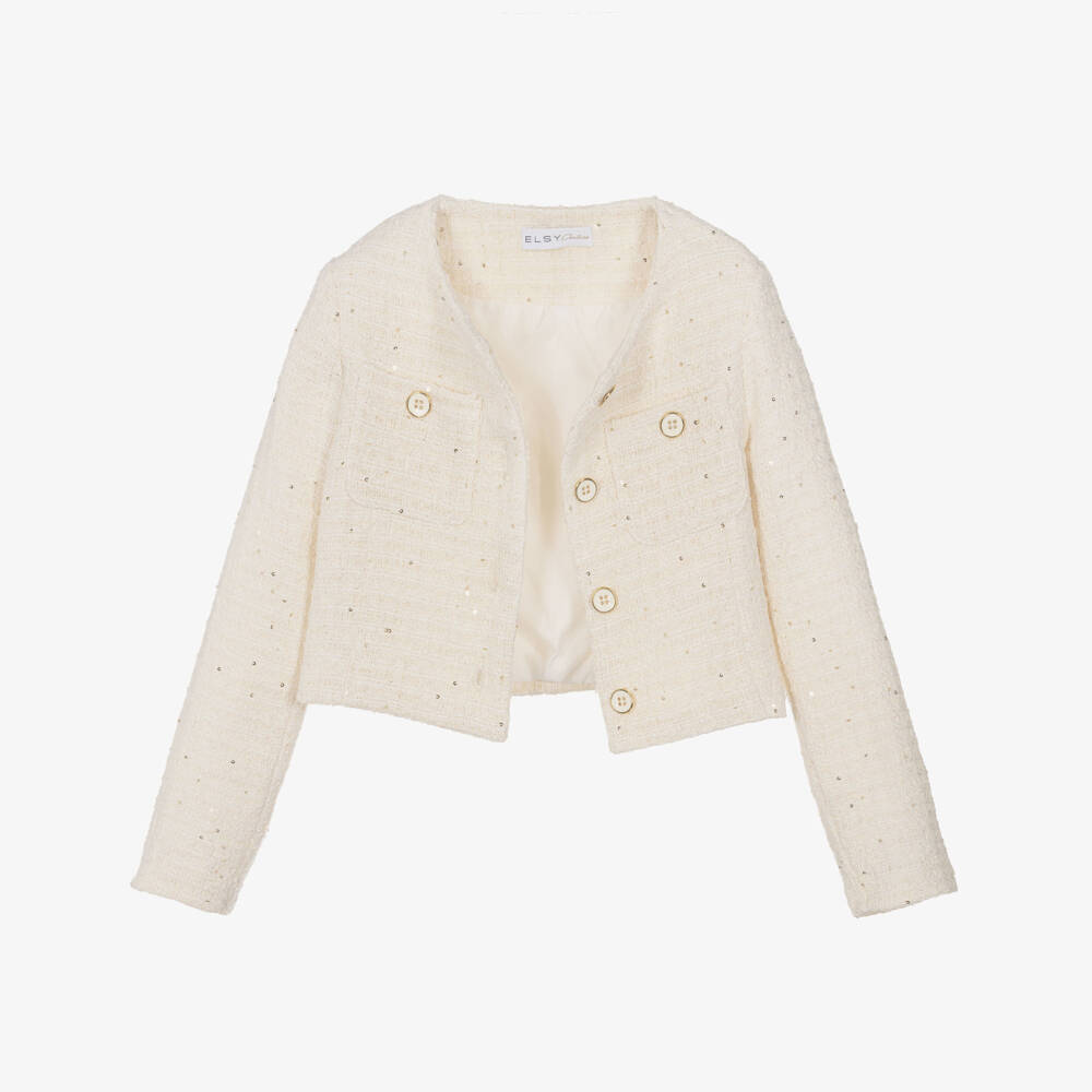 couture by Elsy-Girls Dark Ivory Sequinned Tweed Jacket | Childrensalon