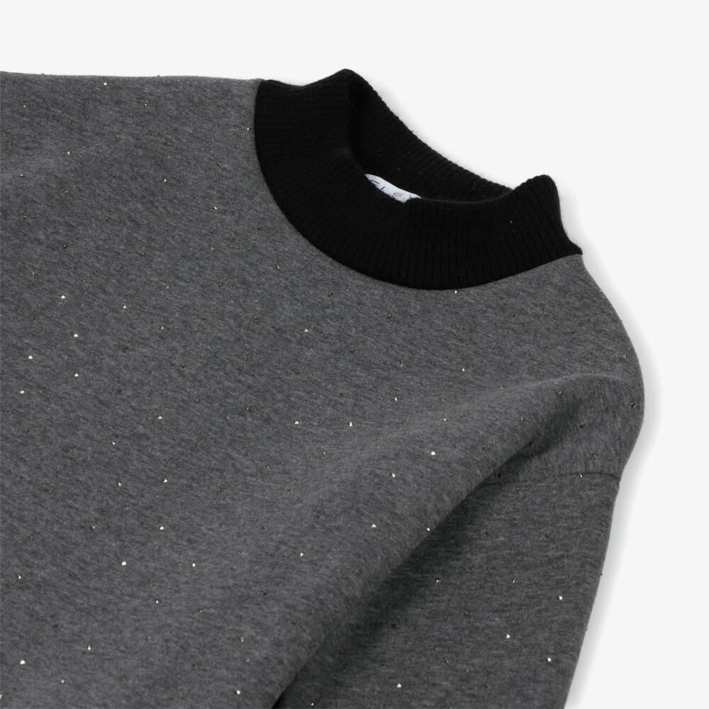 Elsy-Girls Grey Sweatshirt with Sparkly Studs & Ribbed Knit Trim  | Childrensalon