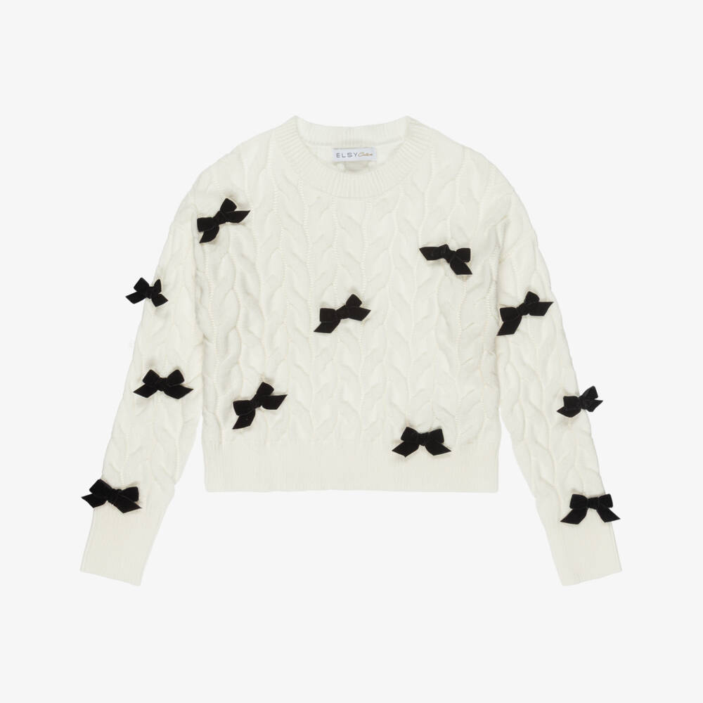 Elsy-Girls Ivory Cable Knit Jumper with Black Velvet Bows | Childrensalon