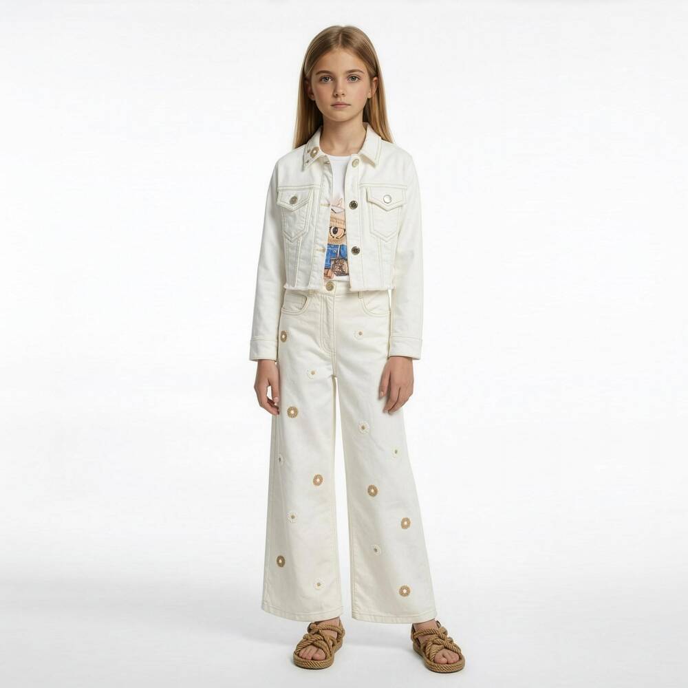Elsy-Girls Ivory Denim Flower Jeans | Childrensalon