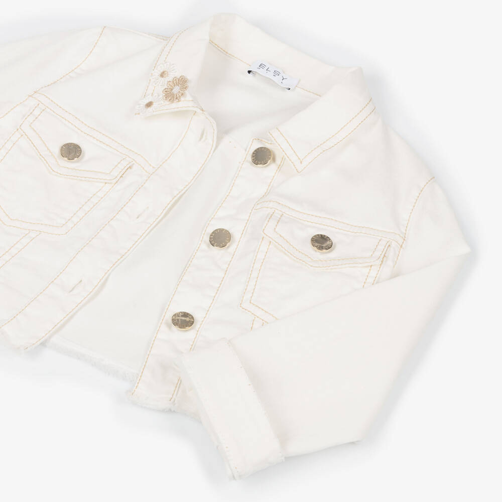 Elsy-Girls Ivory Denim Jacket with Flower Collar | Childrensalon
