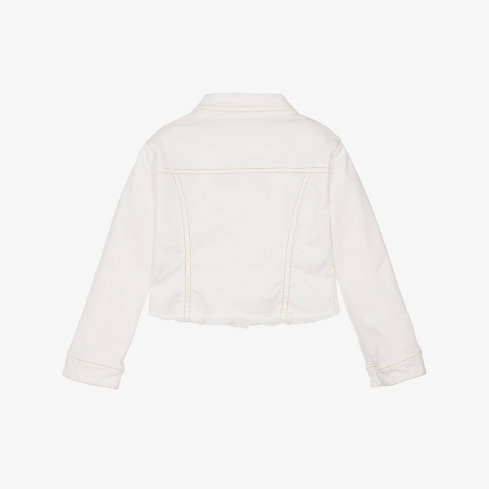 Elsy-Girls Ivory Denim Jacket with Flower Collar | Childrensalon