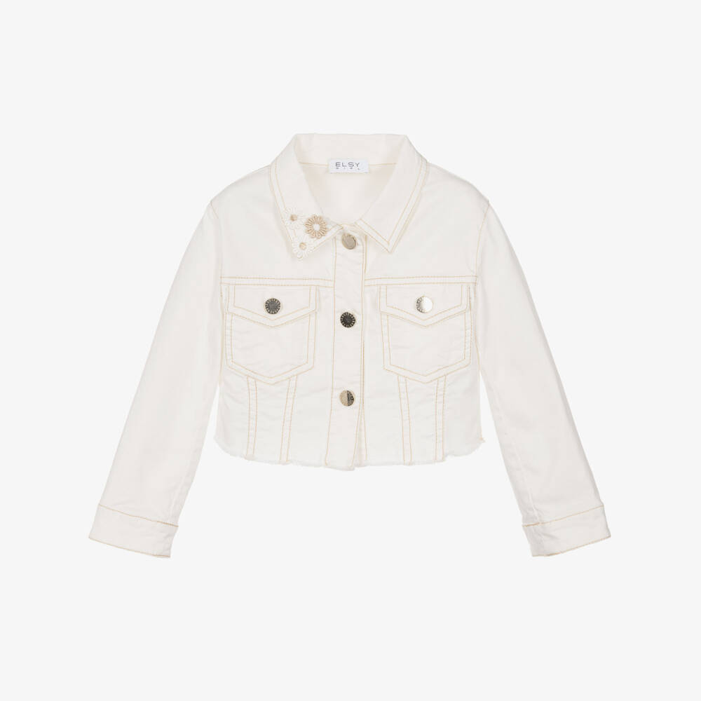 Elsy-Girls Ivory Denim Jacket with Flower Collar | Childrensalon