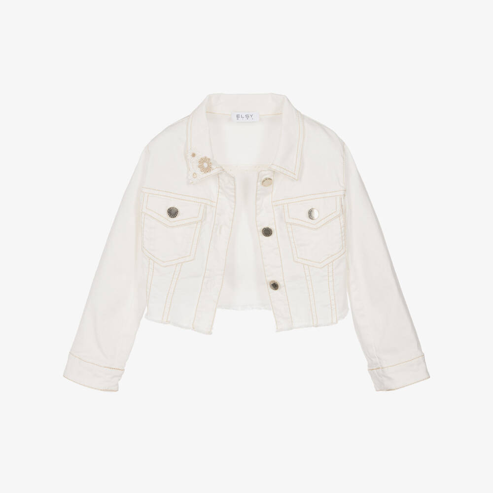 Elsy-Girls Ivory Denim Jacket with Flower Collar | Childrensalon